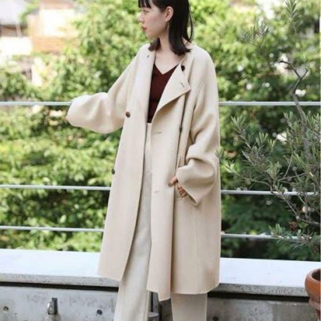 GALERIE VIE ネイビー ウールダブルフェイス　ノーカラーコート　36