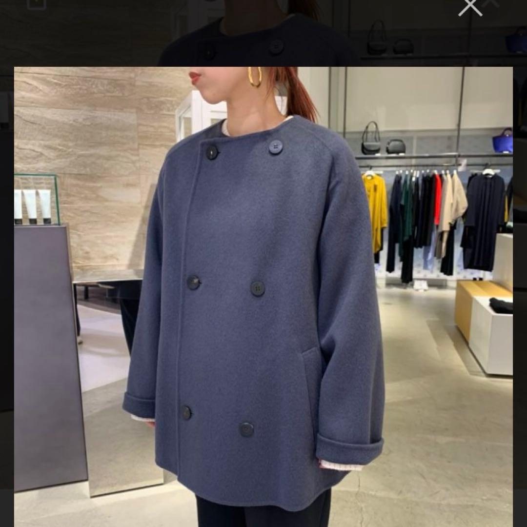 GALERIE VIE ネイビー ウールダブルフェイス　ノーカラーコート　36
