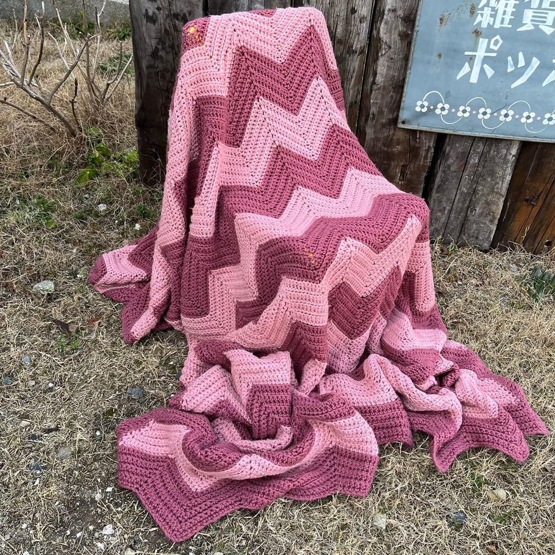 【USA vintage】グラニーブランケット　ピンク　ギザギザ　アメリカ