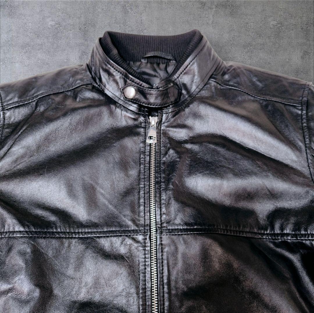 【美品】AKM レザー シングルライダース ジャケット L ブラック 羊皮 羊革