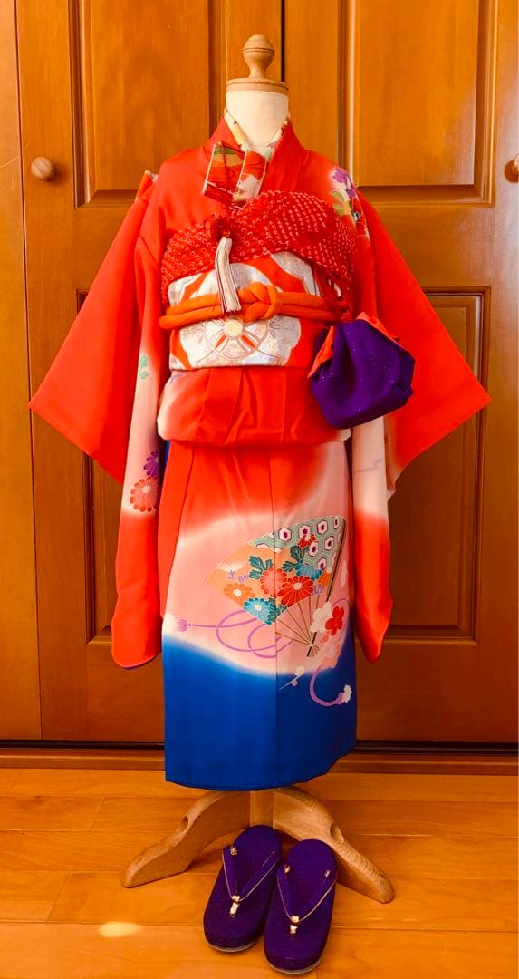 七五三　3歳から5歳の女の子のお支度　正絹手縫い　朱色と藍色のコントラスト