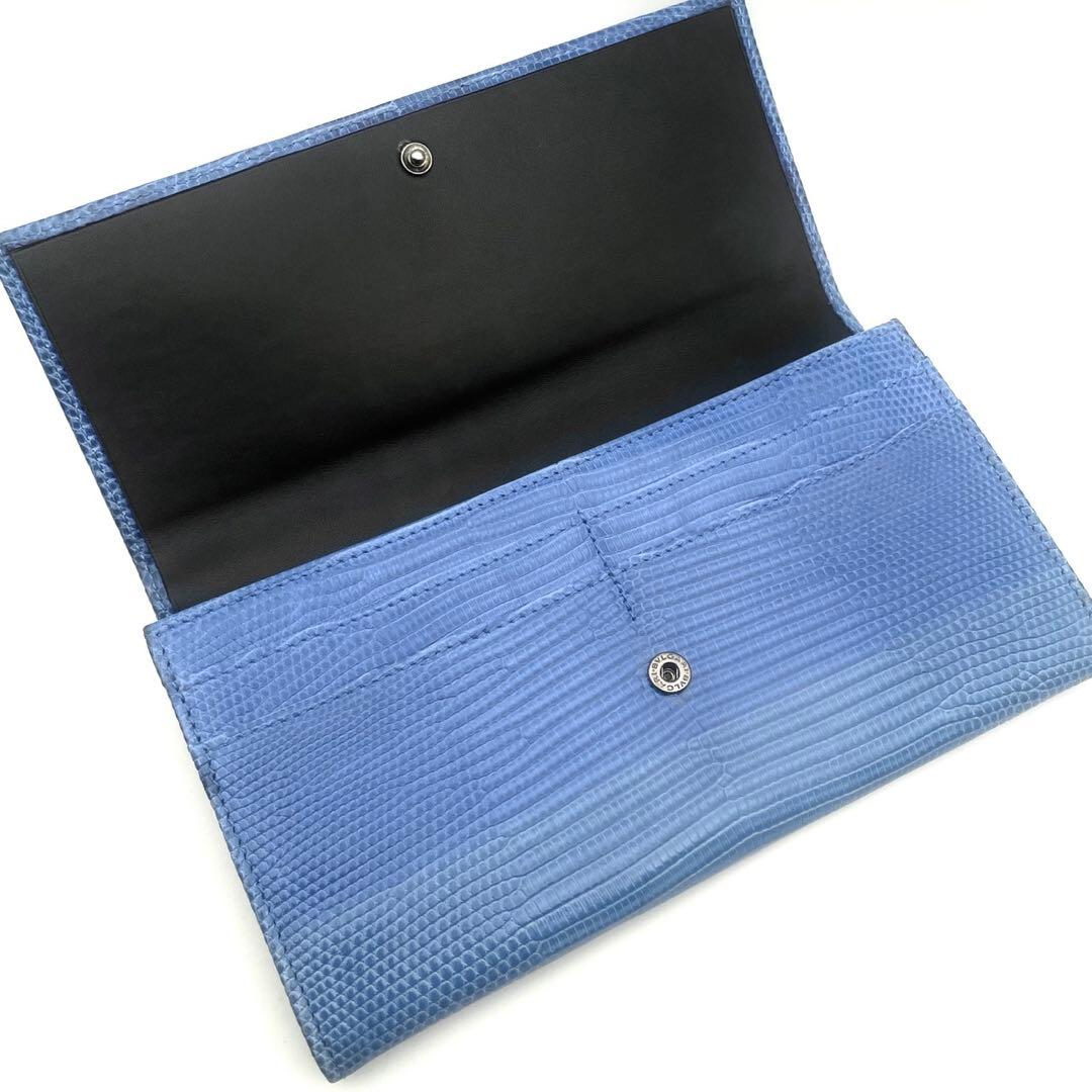 希少/極美品● ブルガリ 長財布 二つ折り ロゴ金具 リザード ブルー レザー