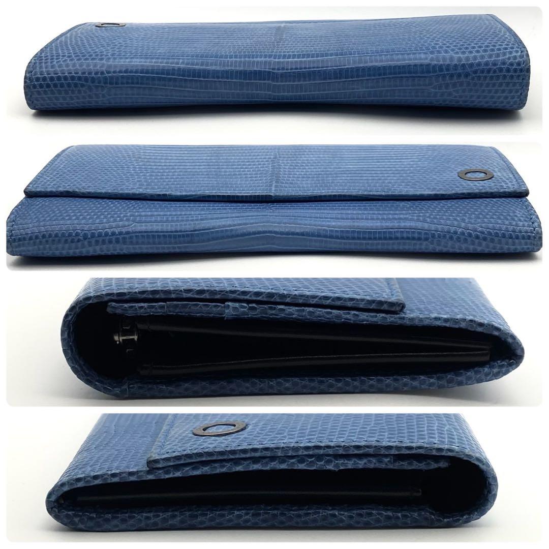 希少/極美品● ブルガリ 長財布 二つ折り ロゴ金具 リザード ブルー レザー