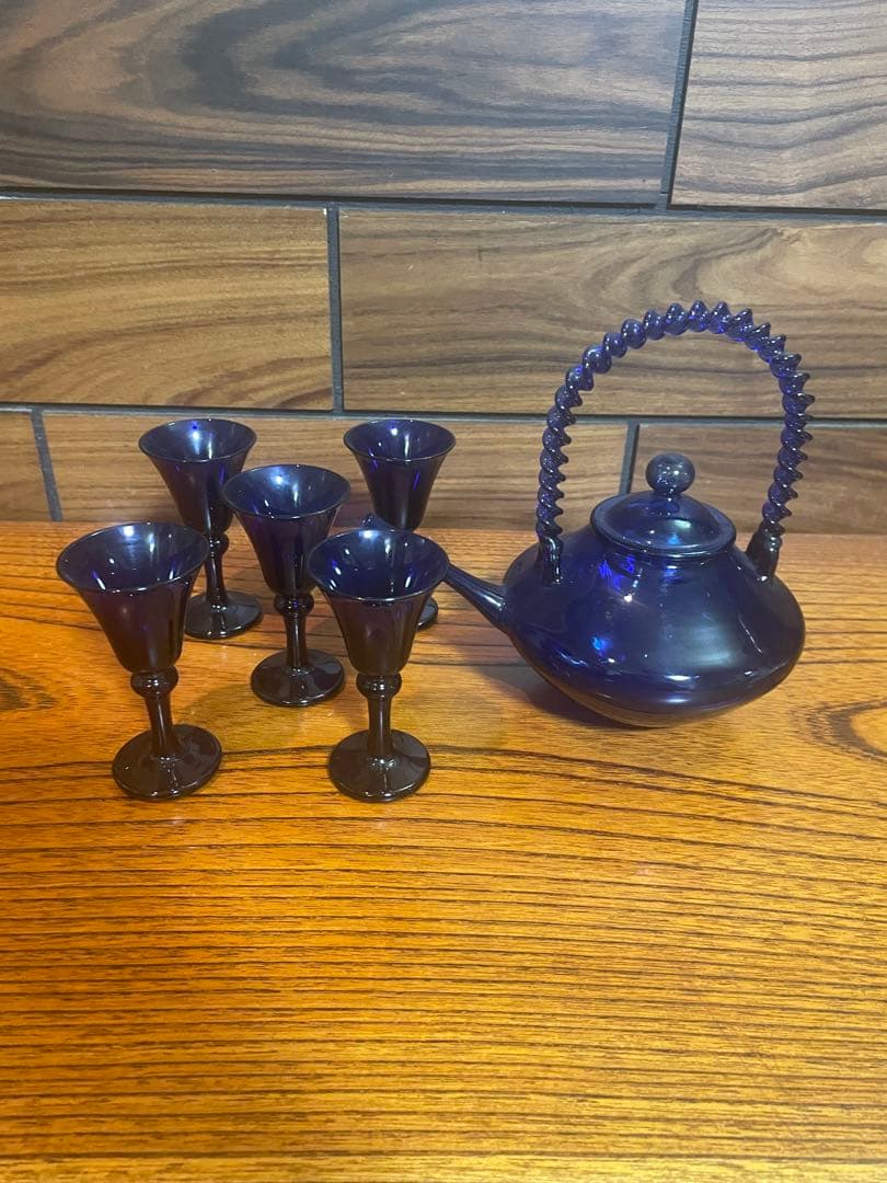 長崎ガラス　瑠璃色ガラス　ちろり×1 杯×5