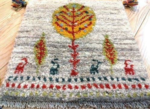 ペルシャ　ギャッベ　ミニマット 38×39.5 丸い葉　糸杉　グレー