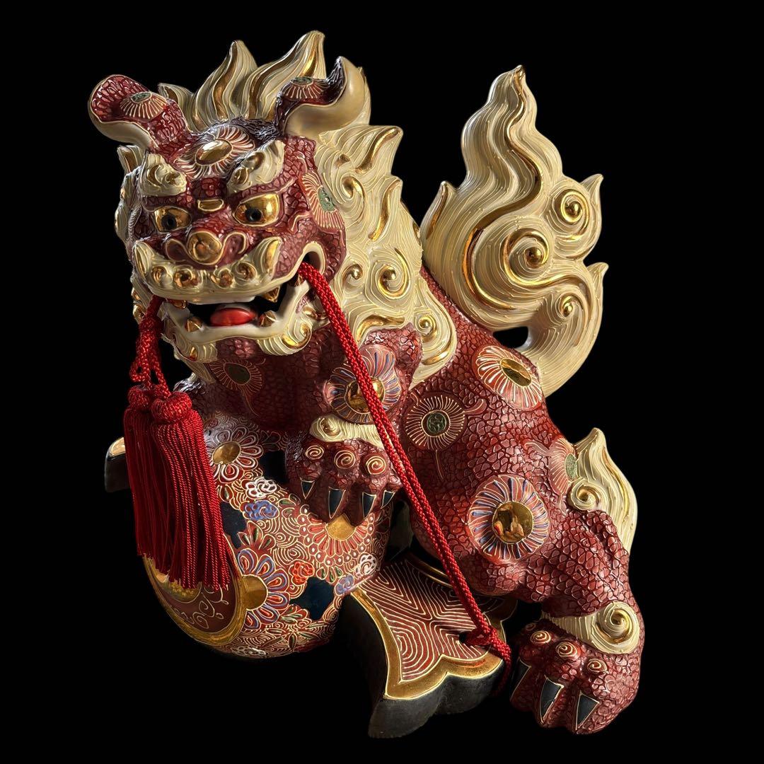 大特価【縁起物】唐獅子　小槌　九谷焼　商売繁盛　置き物　赤　白　金