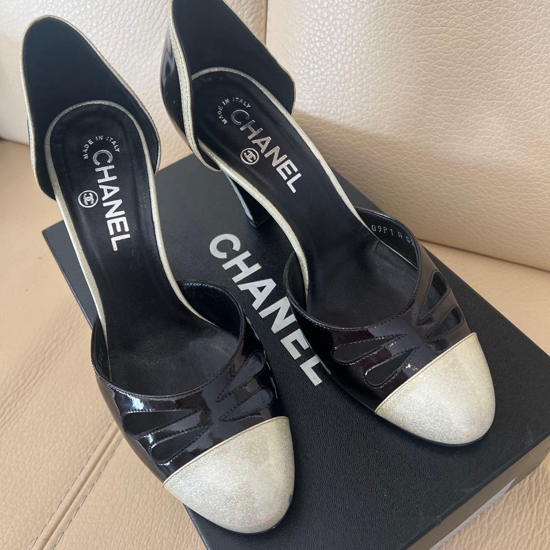 CHANEL ブラック シルバー ハイヒール
