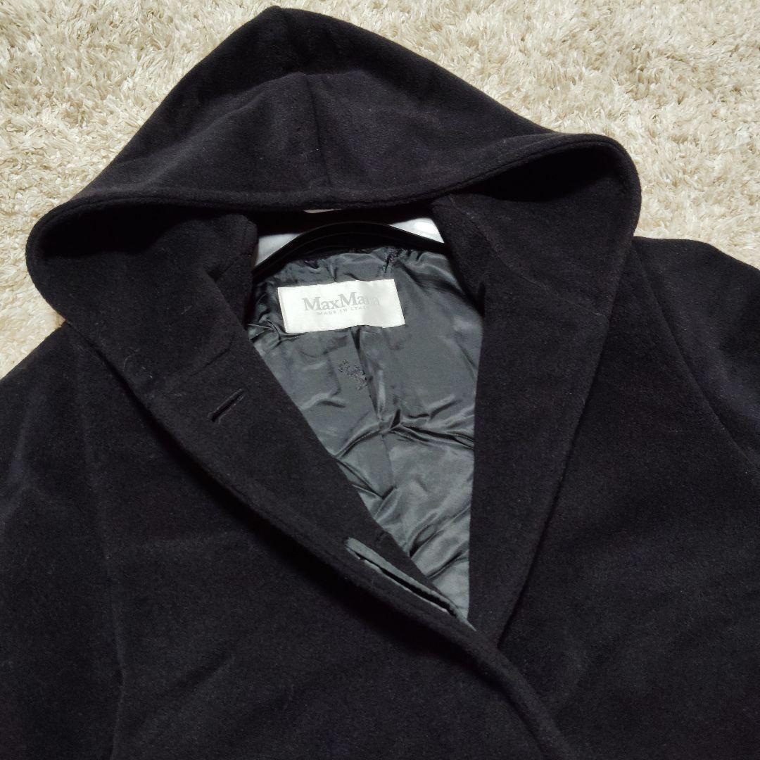 美品 MaxMara ロングコート カシミア 黒 フード 現行タグ S ロング丈