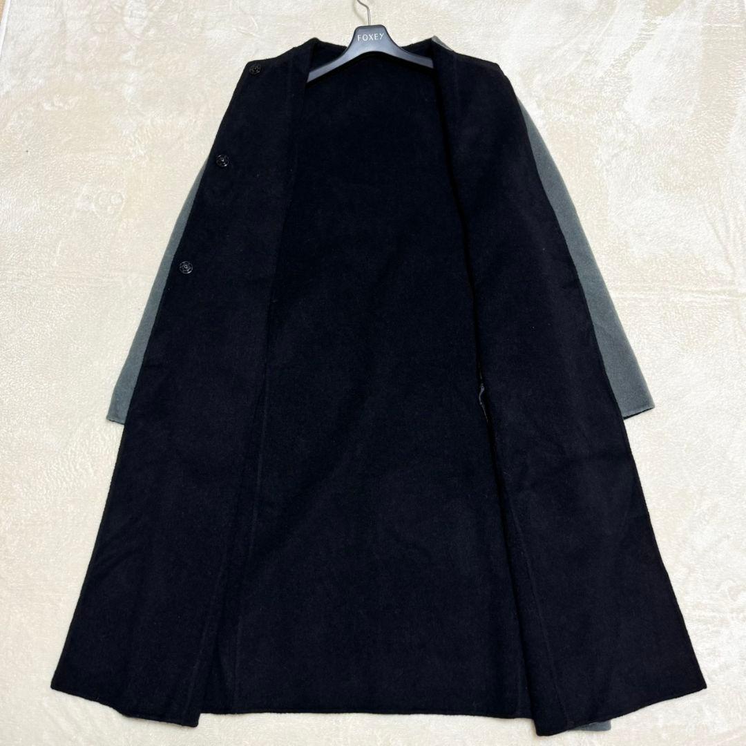 美品 東京ソワール カシミヤ混 近年 ノーカラー リバーコート リバーシブル