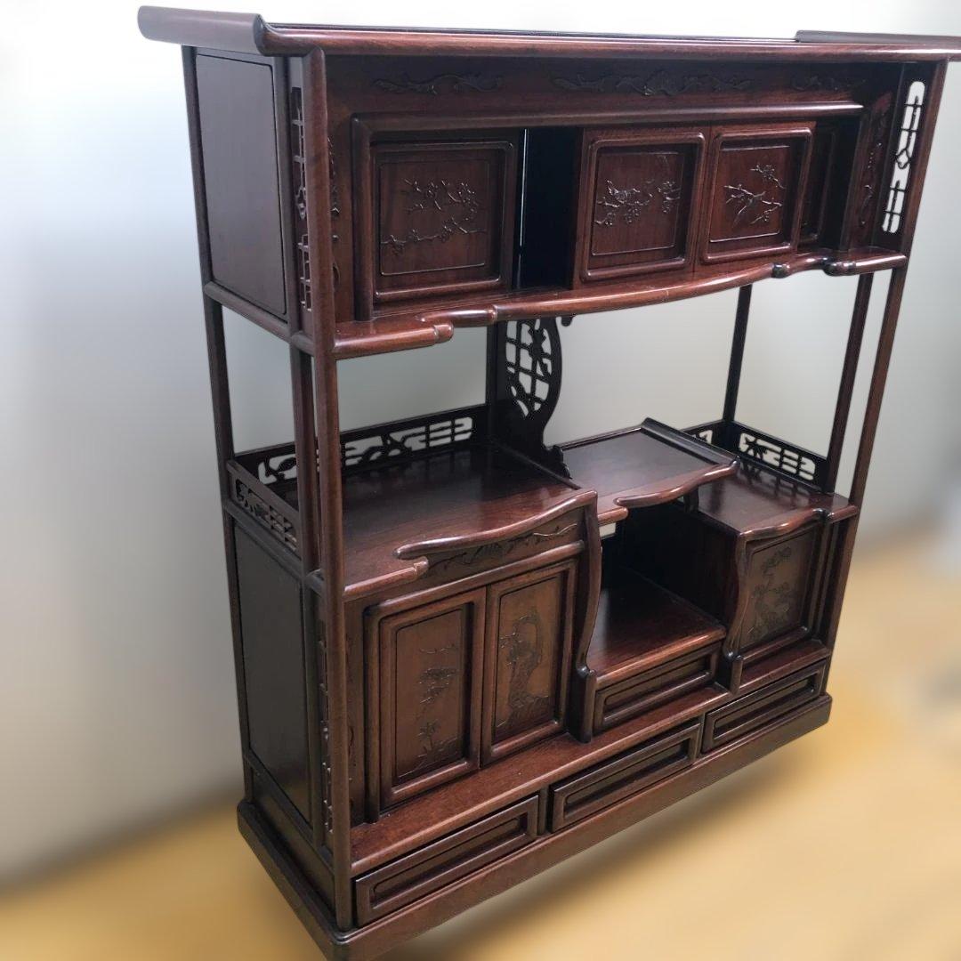 中国家具 唐木 飾り棚 茶棚 木製 彫刻 透かし彫り 収納棚 260126-3