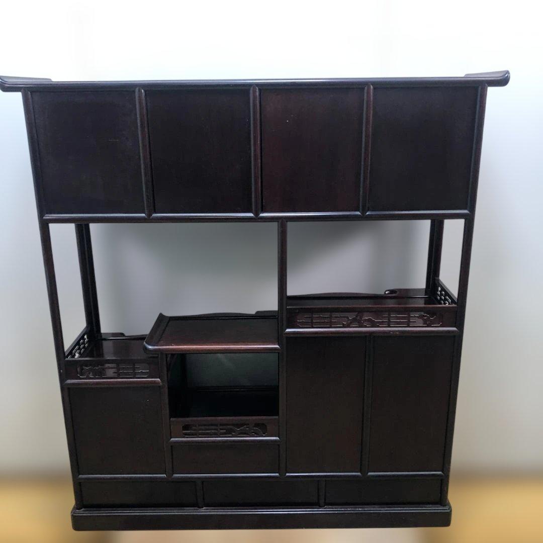 中国家具 唐木 飾り棚 茶棚 木製 彫刻 透かし彫り 収納棚 260126-3