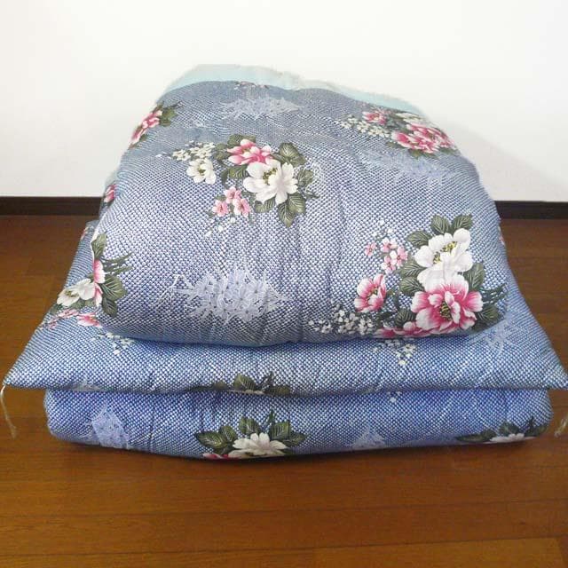 寝具 掛敷布団 シングル 和式 昔ながら 花柄 牡丹 ブルー(T08-1)