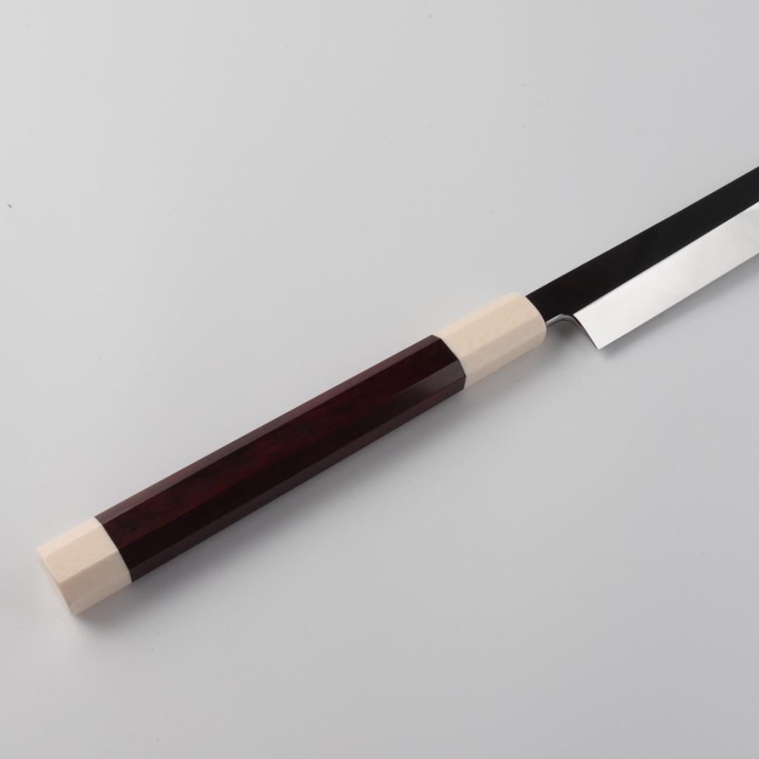 7944マグロ包丁両刃鏡面仕上げ 鞘付刃渡700mm刺身包丁スネークウッド八角柄