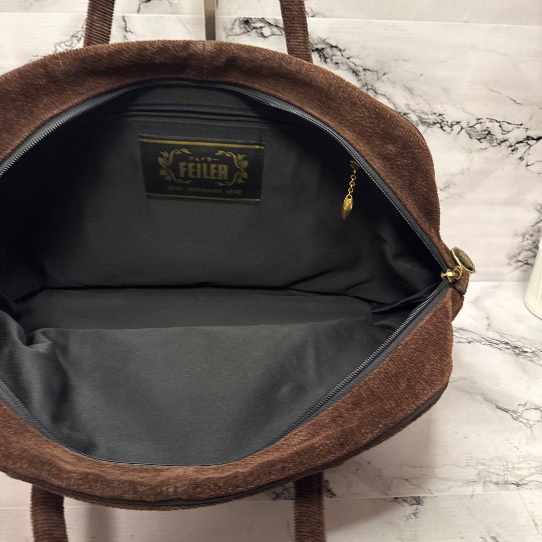 (美品)大人気、フェイラー、ボストンバッグ、大容量、シェニール織、人気色、茶、金