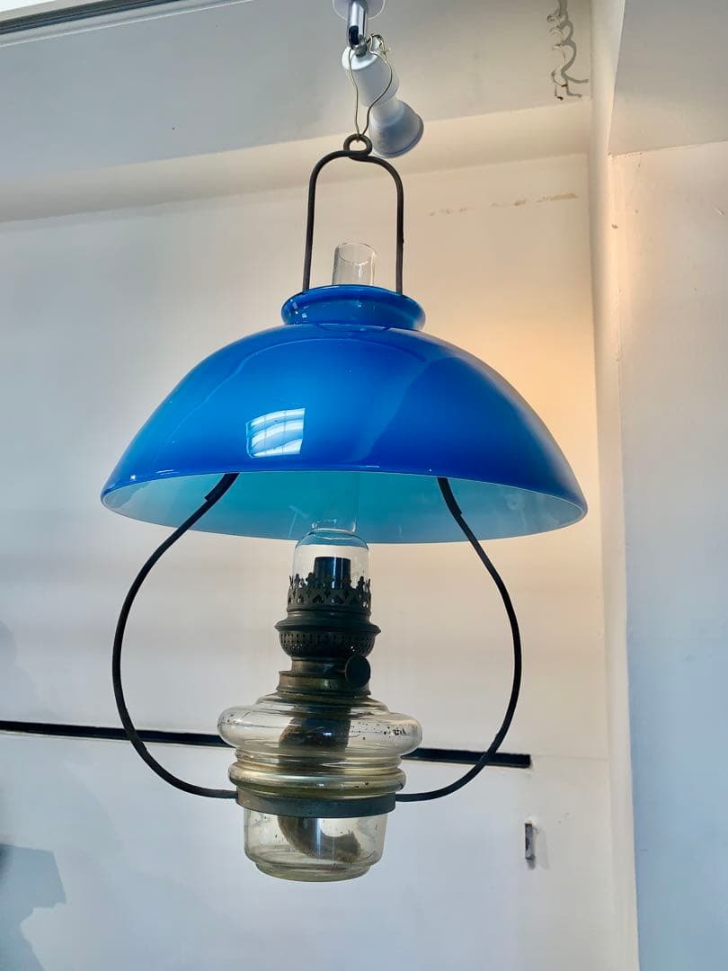 オイルランプ　和ガラス　ブルーガラス　当時もの　可動品　電笠　大正　昭和レトロ