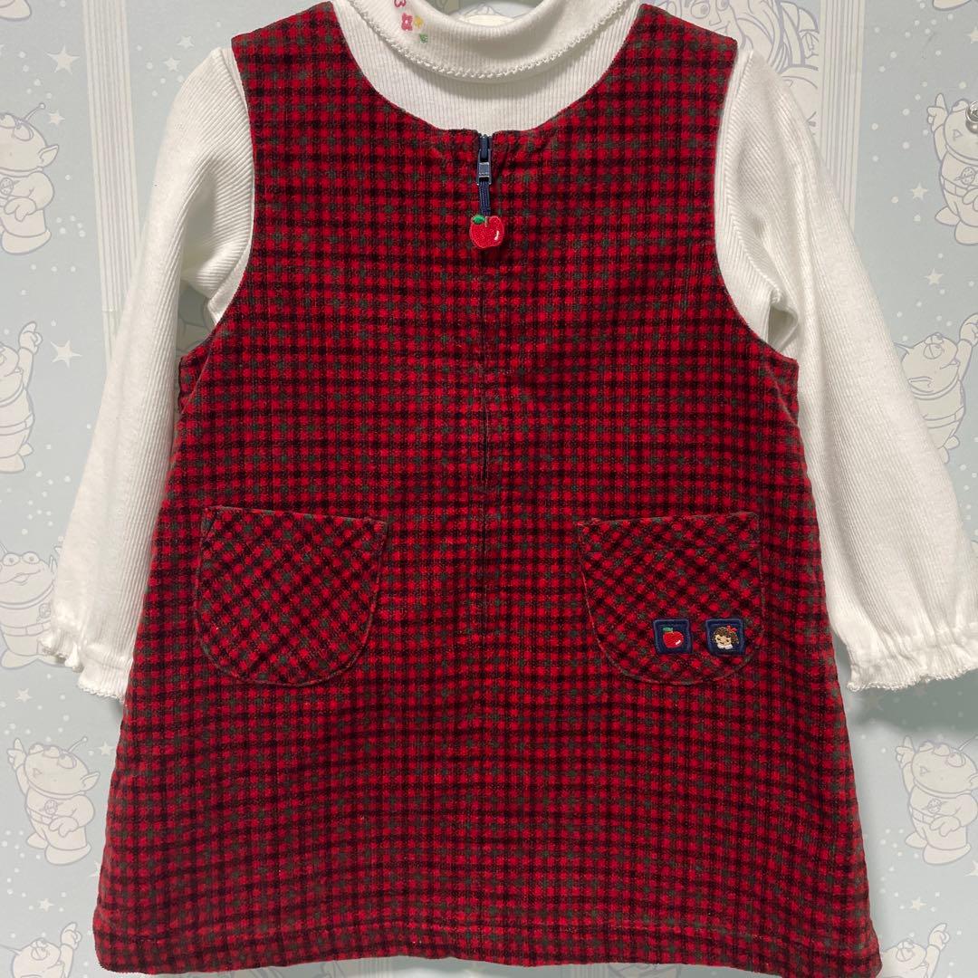 美品familiarファミリア♡ジャンバースカート＆綿タートルブラウスSET90