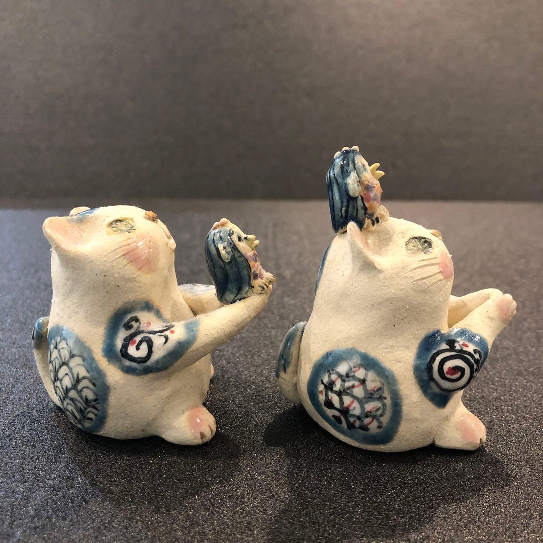 【新品】人気作家kyo 猫置物 アマビエ 焼物 陶器2個セット