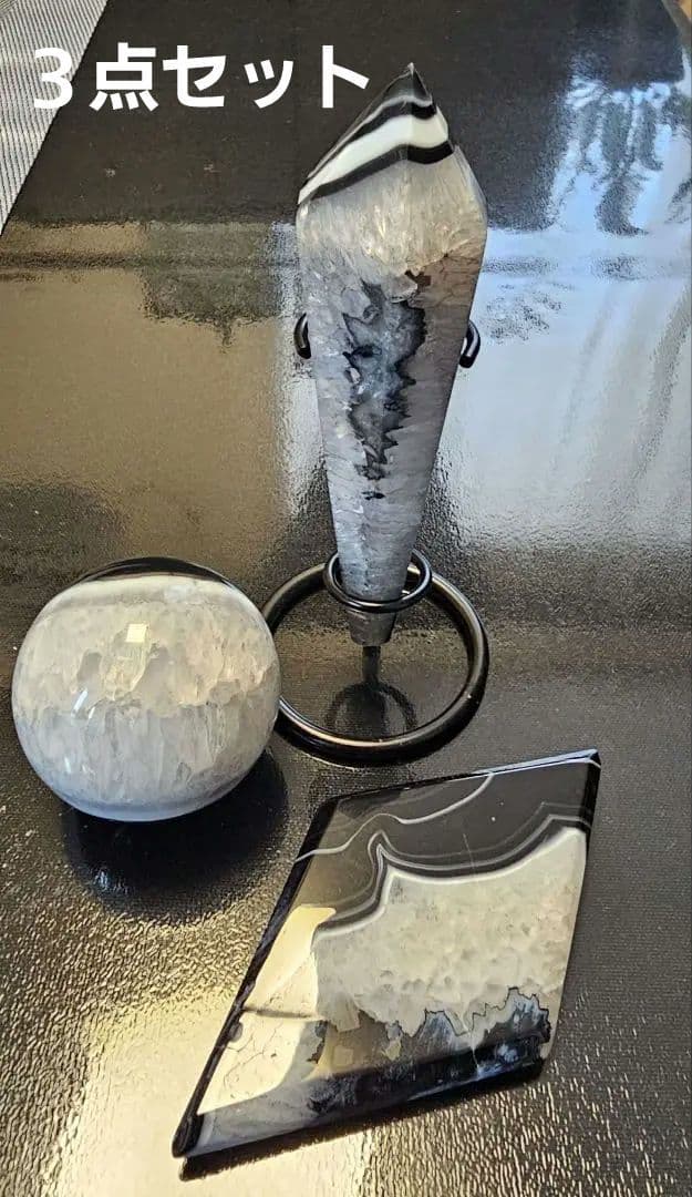 お得セット！水晶共生ブラック瑪瑙★虹多数３点セット六角柱 スフィア