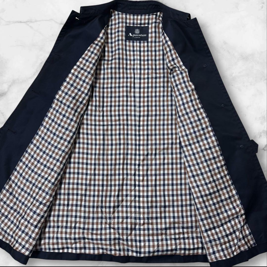美品 Aquascutum ステンカラーコート ロゴボタン クラブチェック