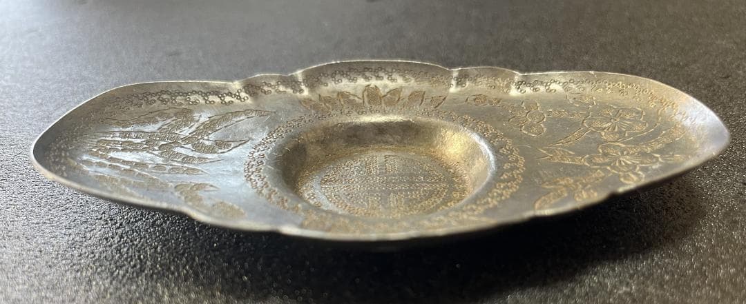 中国美術 古錫　茶托 五客　総重339g 錫 刻花卉寿字紋茶托・托子 煎茶道具