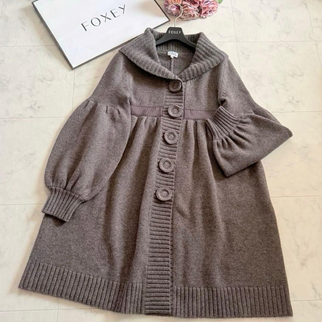 美品★フォクシー カシミヤ100% ニットコート 女優襟 パフスリーブ 40