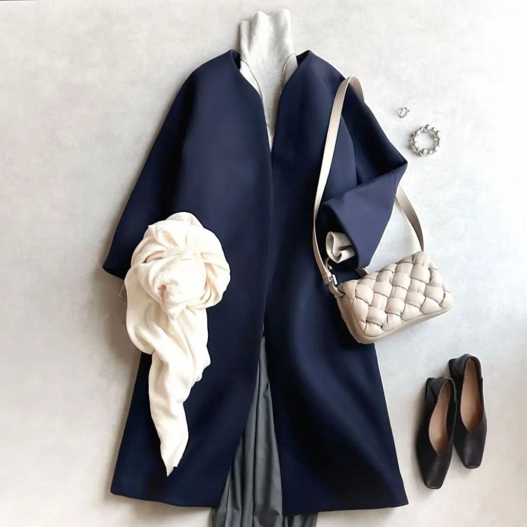 極美品▲ebure × ロンハーマン//ノーカラーウールボンディングコート▲紺色