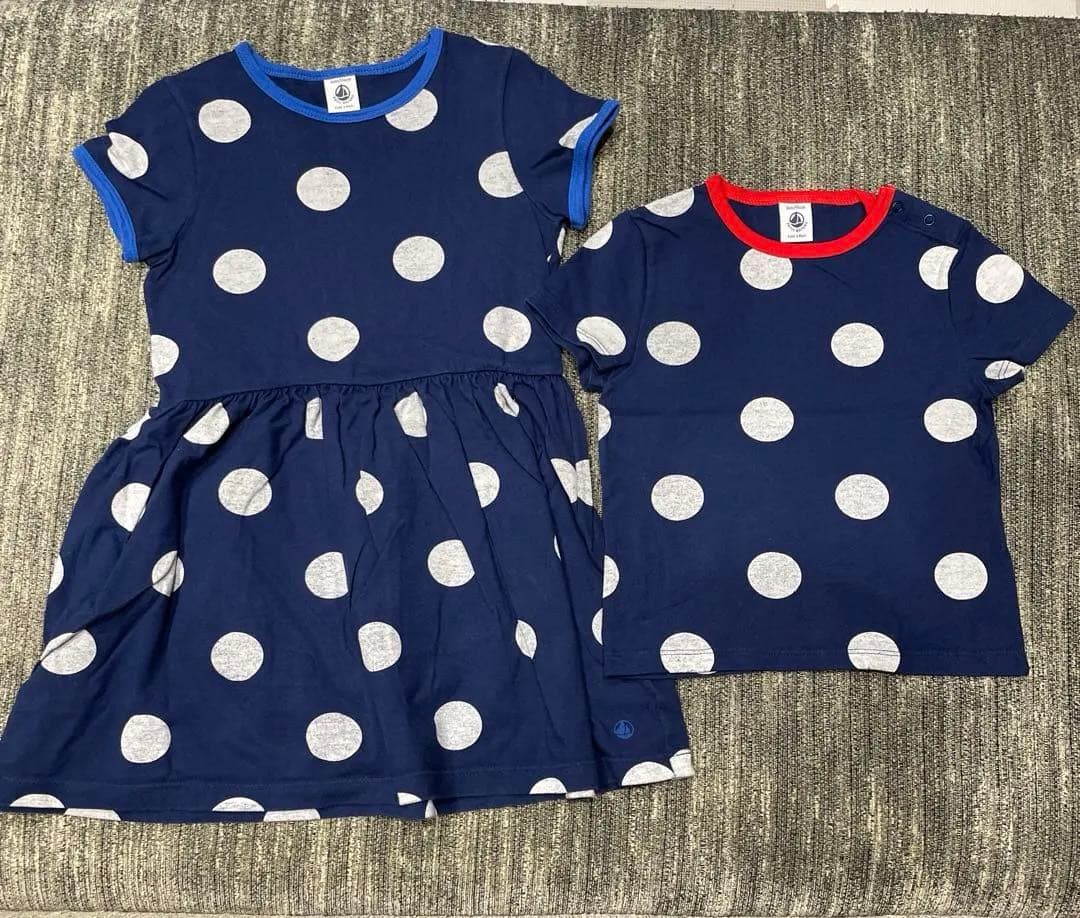 【リンクコーデ】4歳女の子&1歳男の子☆プチバトー ⭐︎水玉模様 半袖ワンピース