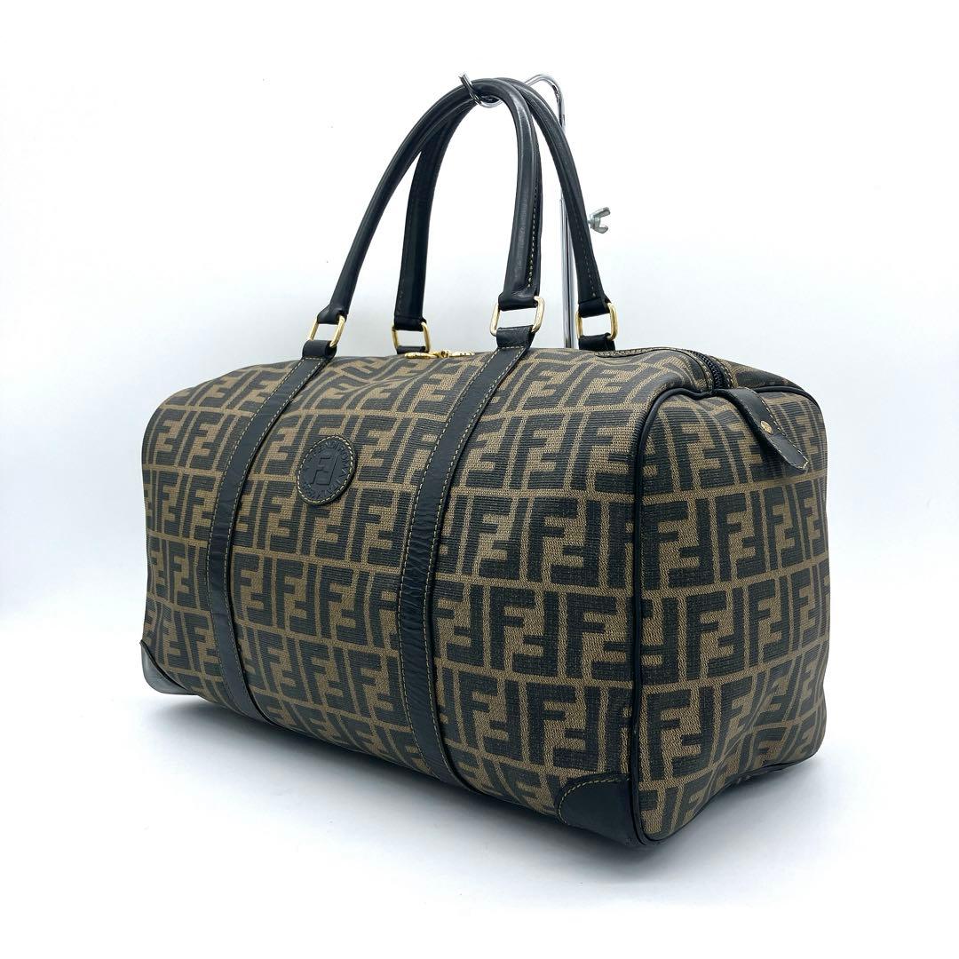 【FENDI】ボストンバッグ　ズッカ柄　ゴールド金具　PVC ブラウン　ブラック