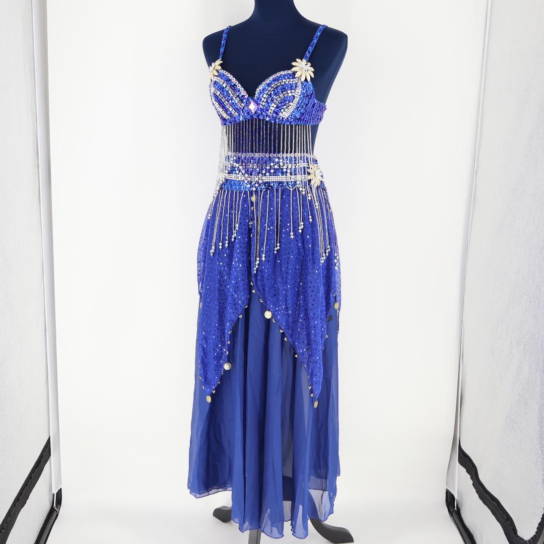 【ベリーダンス用 オリエンタル衣装】ブルー ラメ多数付き パープル 花 青 紫