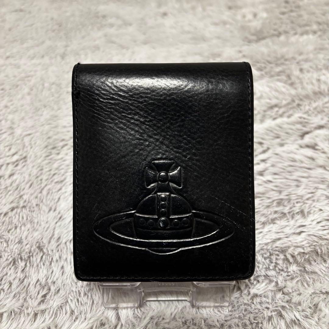 【良品】ヴィヴィアン・ウエストウッド オーブ　黒 レザー 二つ折り財布 型押し