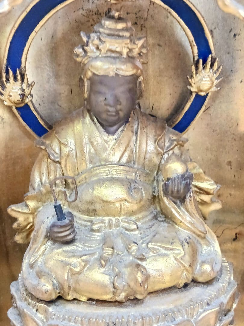 時代物　厨子　木彫　仏像　【蔵鍵と如意宝珠を持つ弁財天】　弁財天　仏教美術　金彩