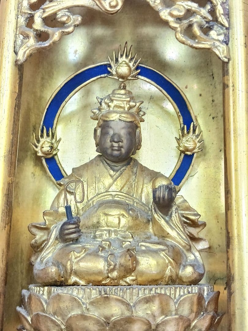 時代物　厨子　木彫　仏像　【蔵鍵と如意宝珠を持つ弁財天】　弁財天　仏教美術　金彩