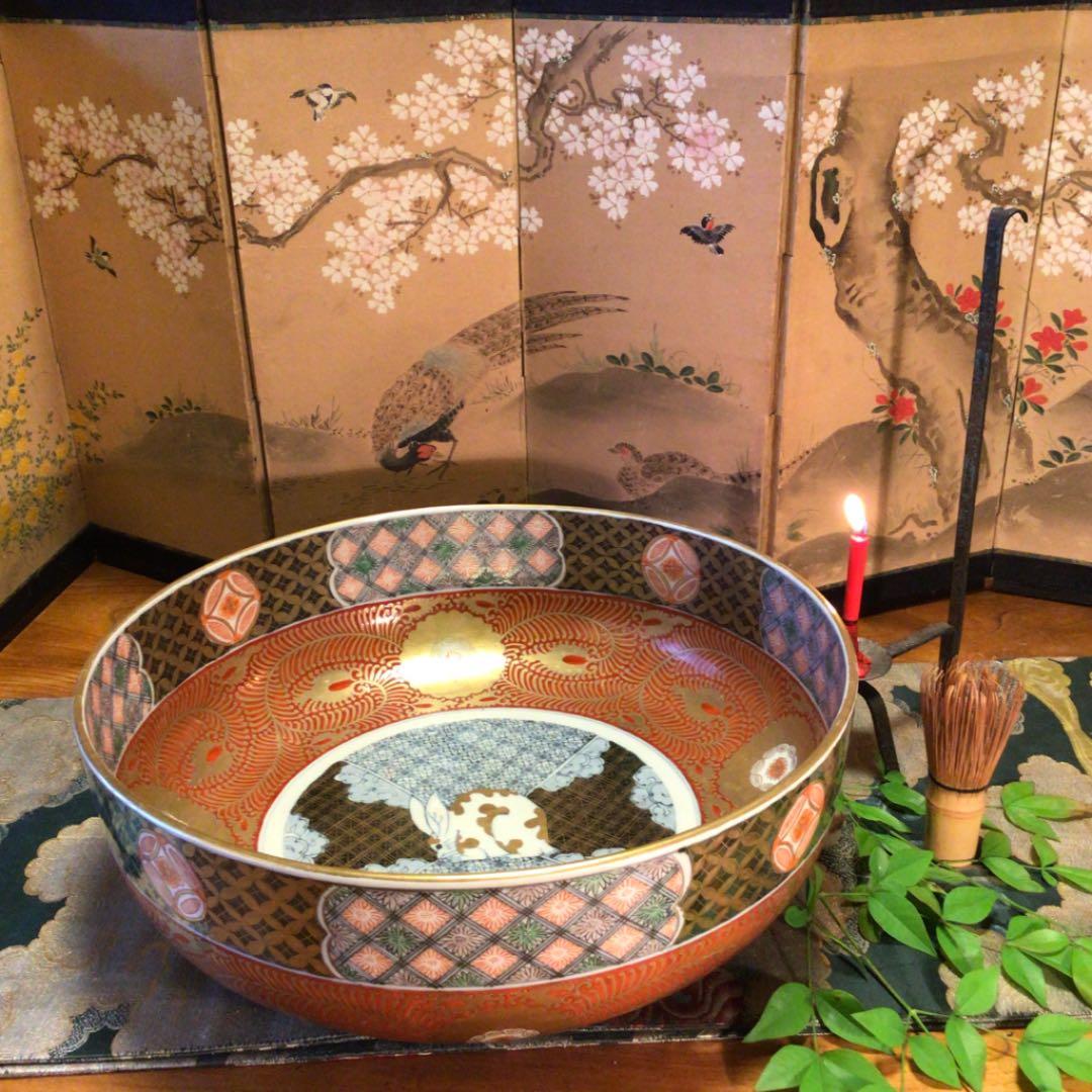 【特別出品】古伊万里　金蘭手　兎紋様　斑菟　赤絵唐草　七宝（江戸後期）大鉢　1客