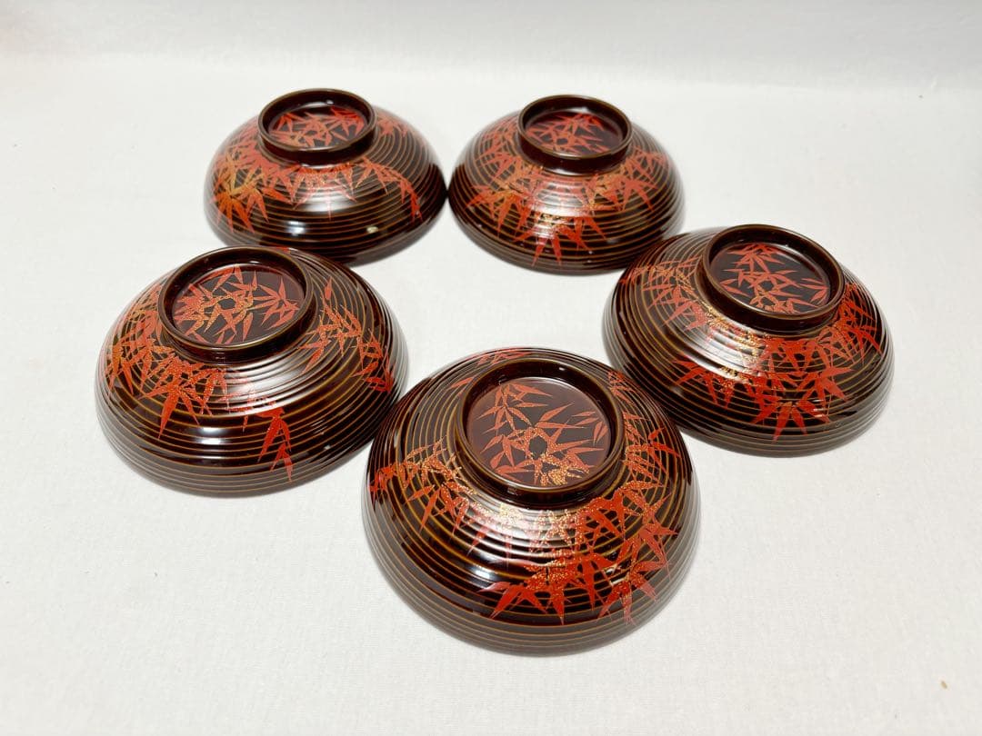 ほぼ未使用 懐石道具 張間麻佐緒作 輪島塗 木製朱竹蒔絵 煮物椀5客千筋共箱