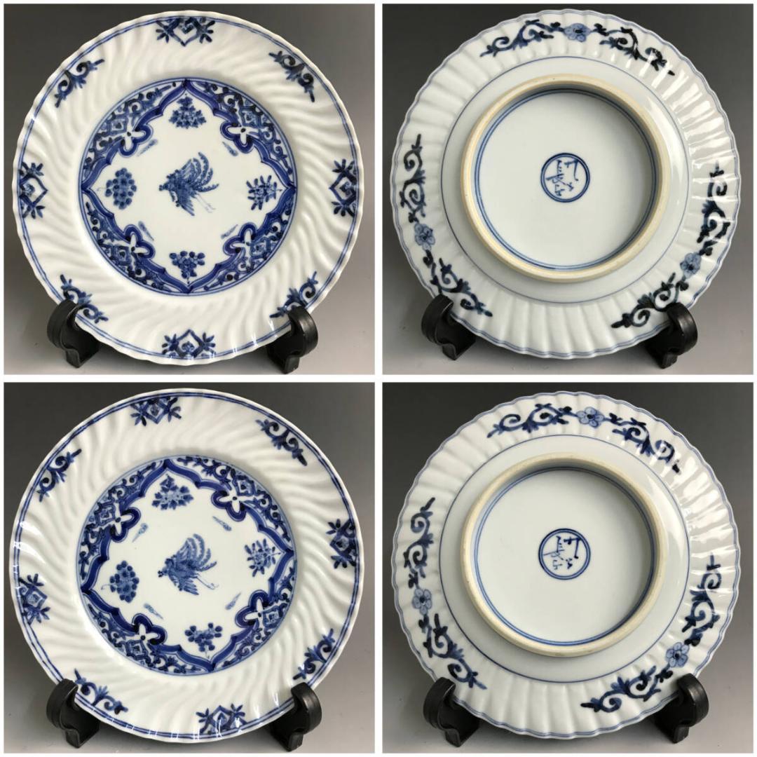 山本長左作 九谷焼 染付 花鳥文 皿 4客 輪花皿 径20cm×4 11㎝×1