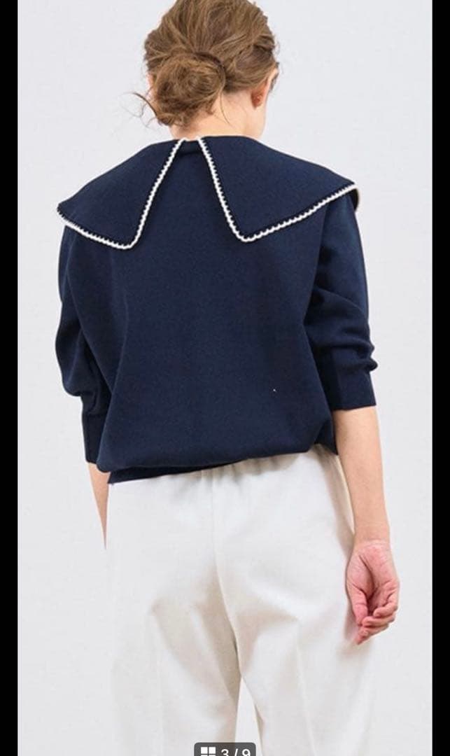 yori コットン刺繍カラーニット　ネイビー