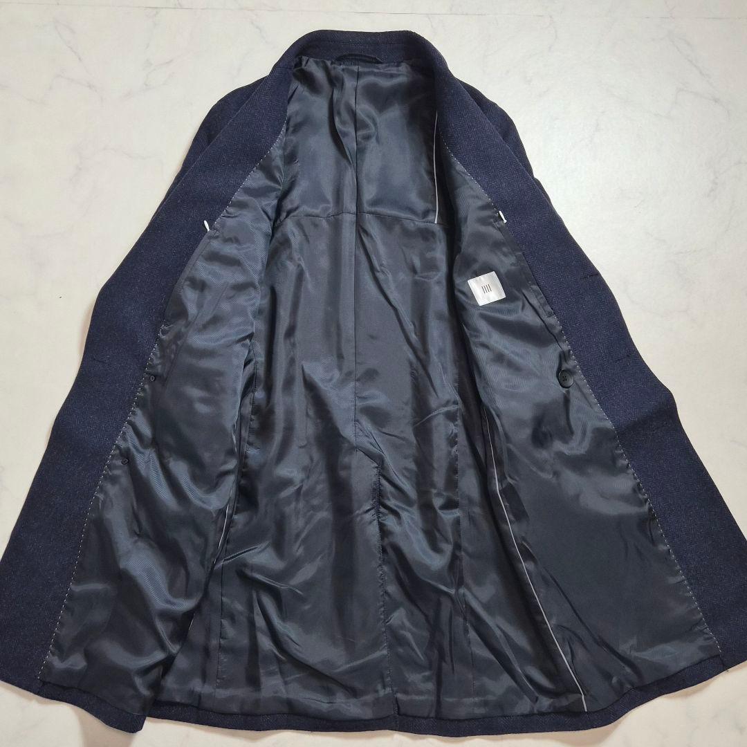 【美品】スーツセレクトヘリンボーン ダブルチェスターコート ネイビー M