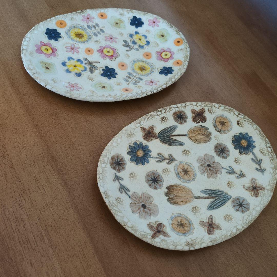 本田あつみ　花柄オーバル型陶器皿　2枚セット