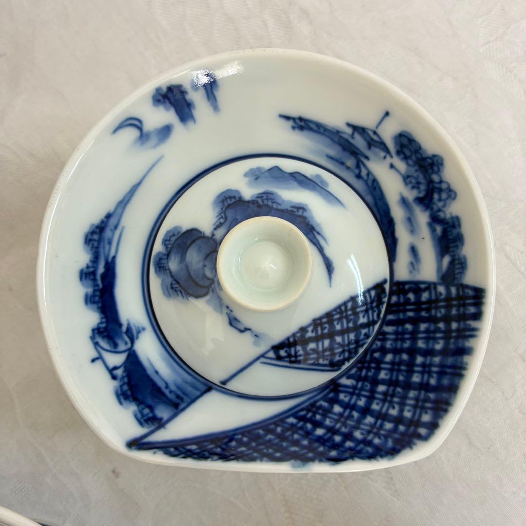 肥前皿山 三彩作 染付山水画 小蓋丼 蓋付高杯 染付の蓋椀 5客
