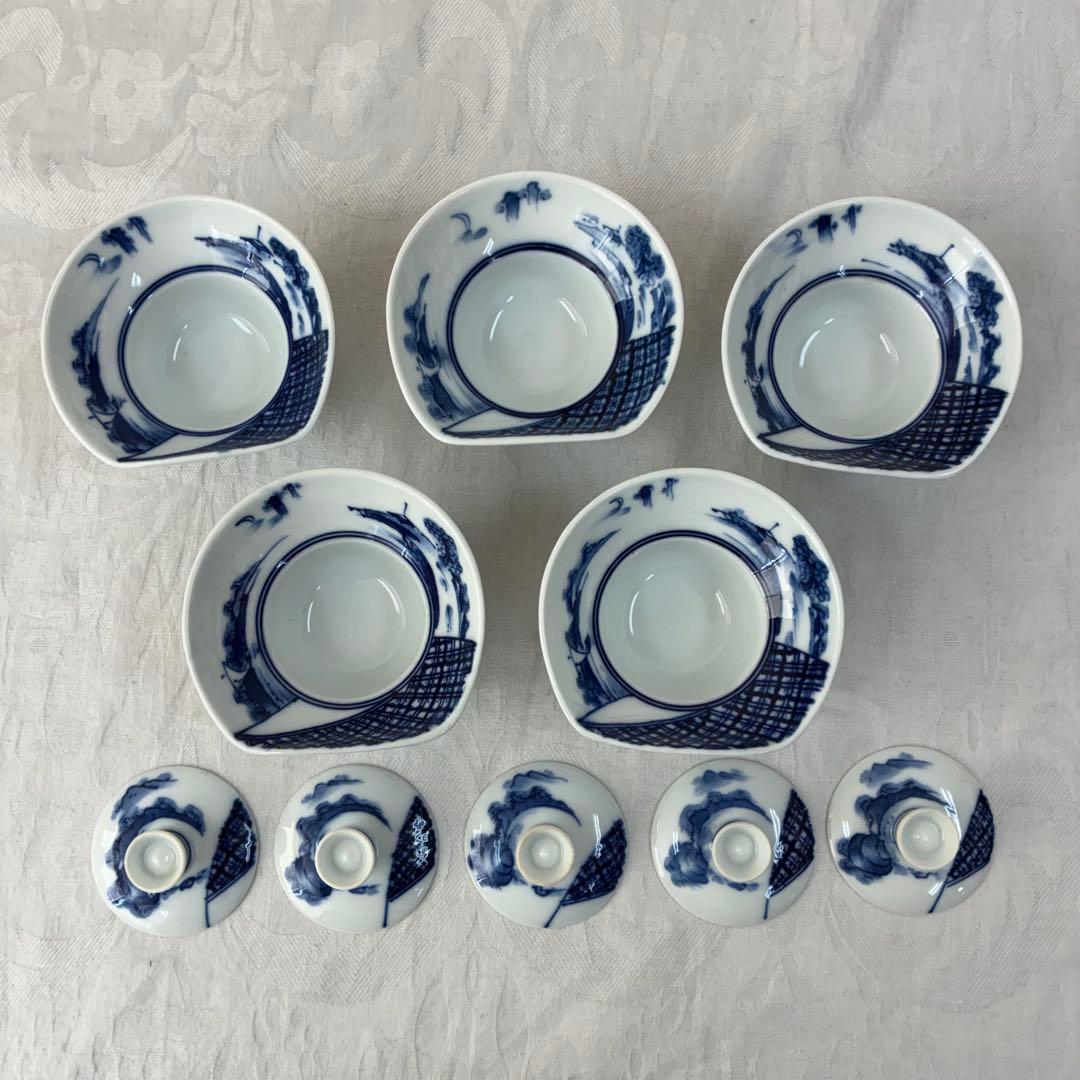 肥前皿山 三彩作 染付山水画 小蓋丼 蓋付高杯 染付の蓋椀 5客