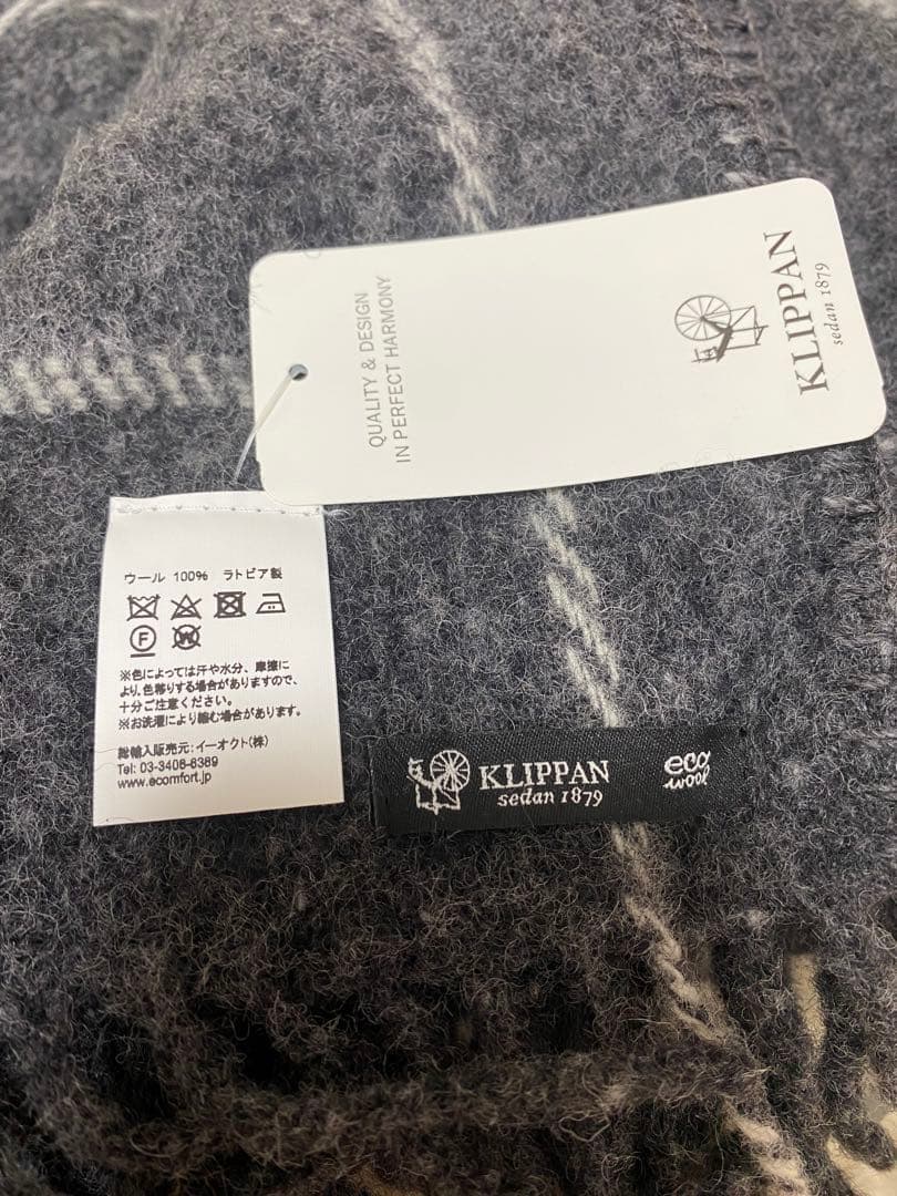 KLIPPAN グレー ウール チェック ブランケット ケープ クリッパン