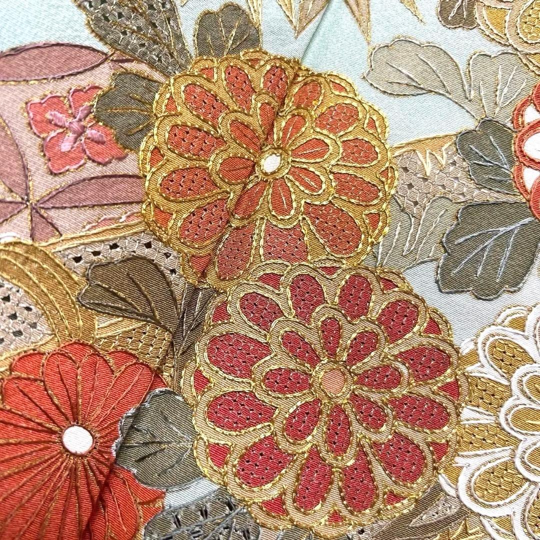 スワトウ刺繍　刺繍　金駒刺繍　鶴　花模様　振袖　着物　102a p