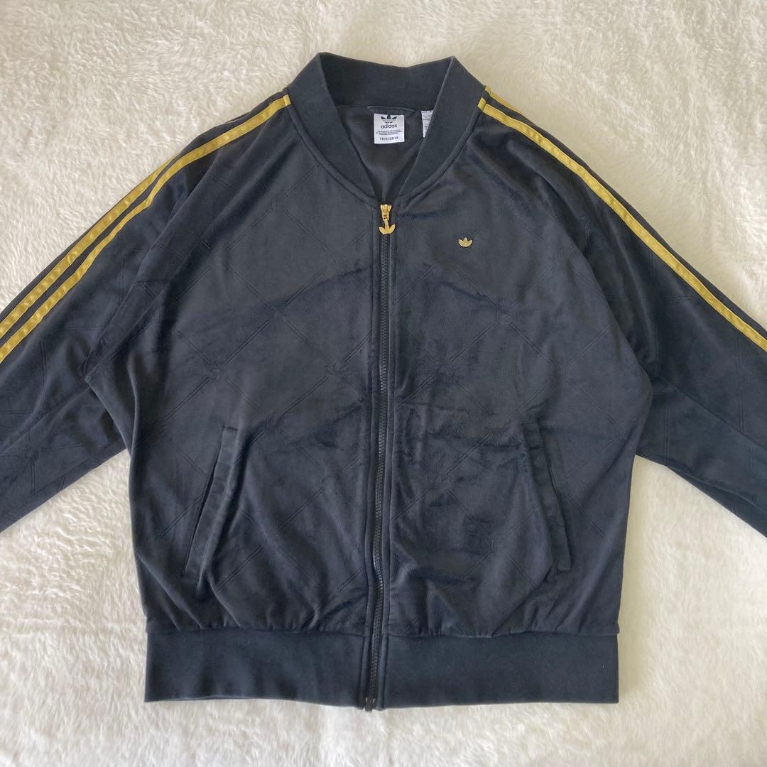 希少✨美品✨ アディダス　ベロア　トラックジャケット　スリーライン　黒金　L