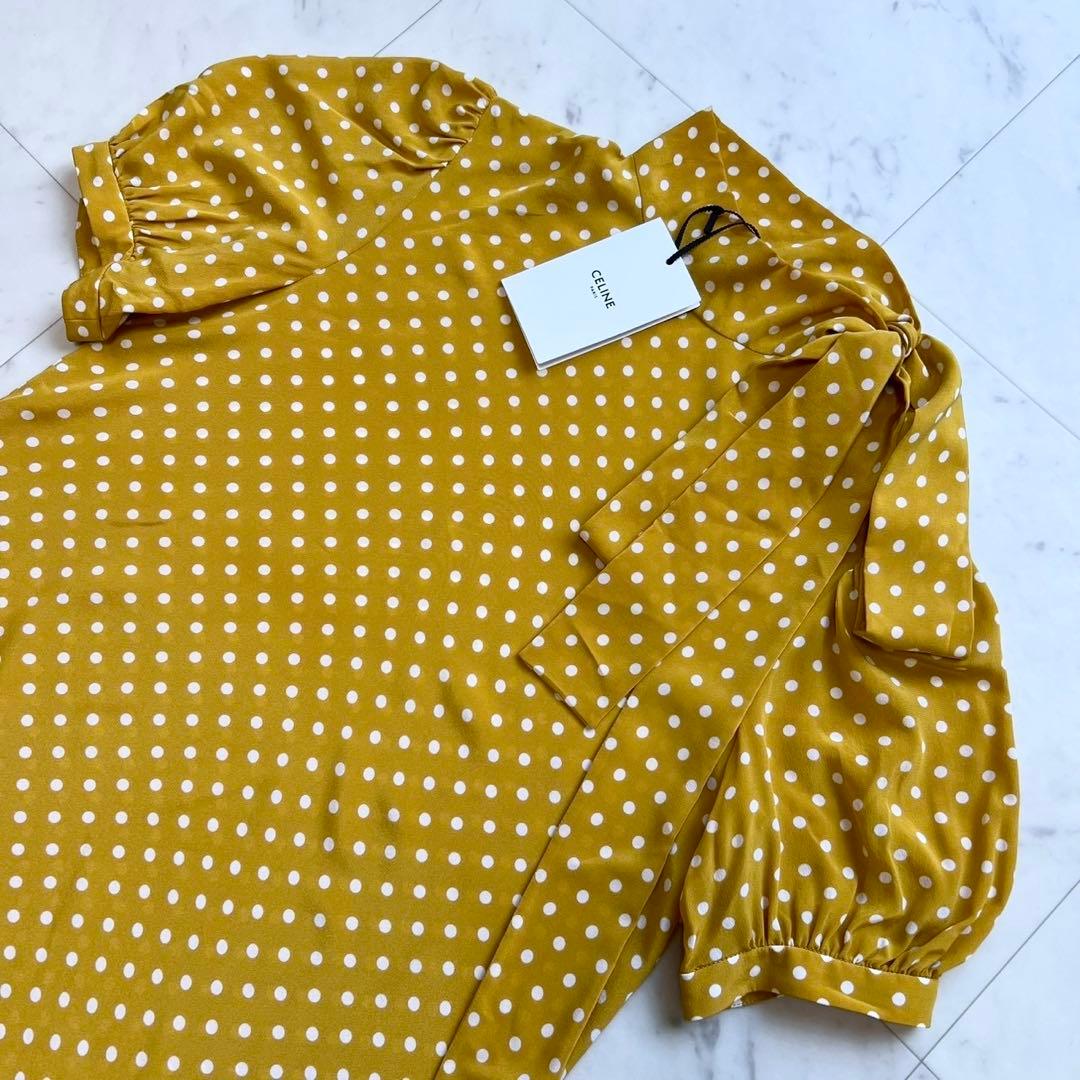 タグ付 CELINE 現行タグ シルク ドット ボウタイブラウス イエロー 36