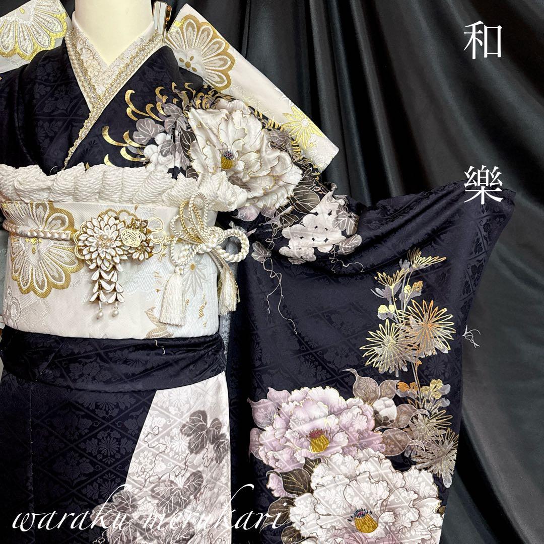 濃紺振袖◾️牡丹乱菊紋◾️古典柄◾️新品フルオーダー◾️正絹◾️金糸古典柄金糸袋帯◾️成人式