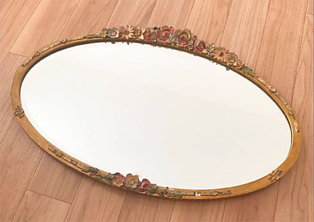 イギリスアンティーク☘️花装飾 壁掛けバーボラミラー オーバル型 英国鏡 送料込み