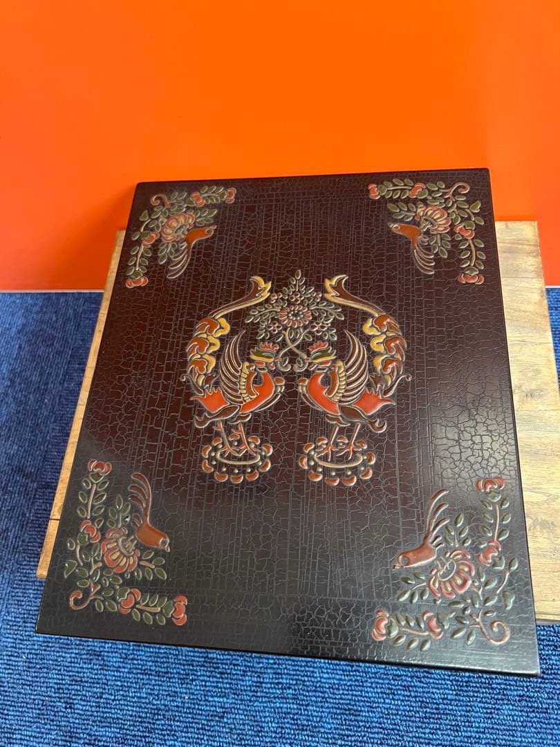 1443 木箱 道具箱  漆塗り 盛漆絵 正倉院鳳凰図 花喰鳥 極楽鳥花 花柄