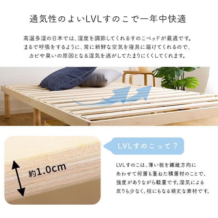 2段階調整脚付きすのこベッド ポケットコイルマットレスセット(セミダブル)