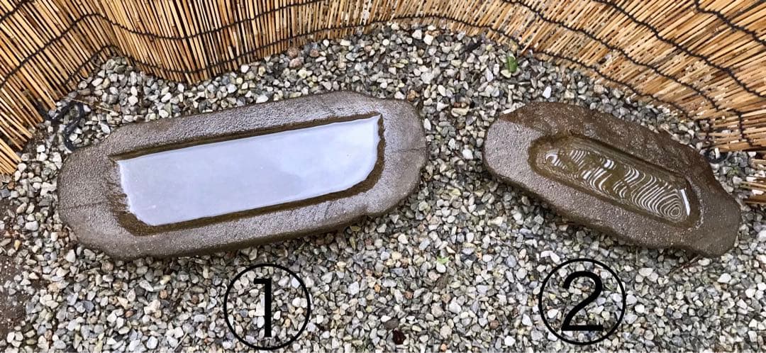 【石鉢・寄せ植え鉢・多肉植物鉢・茶器鉢・蹲２個】オブジェ・庭石・置物