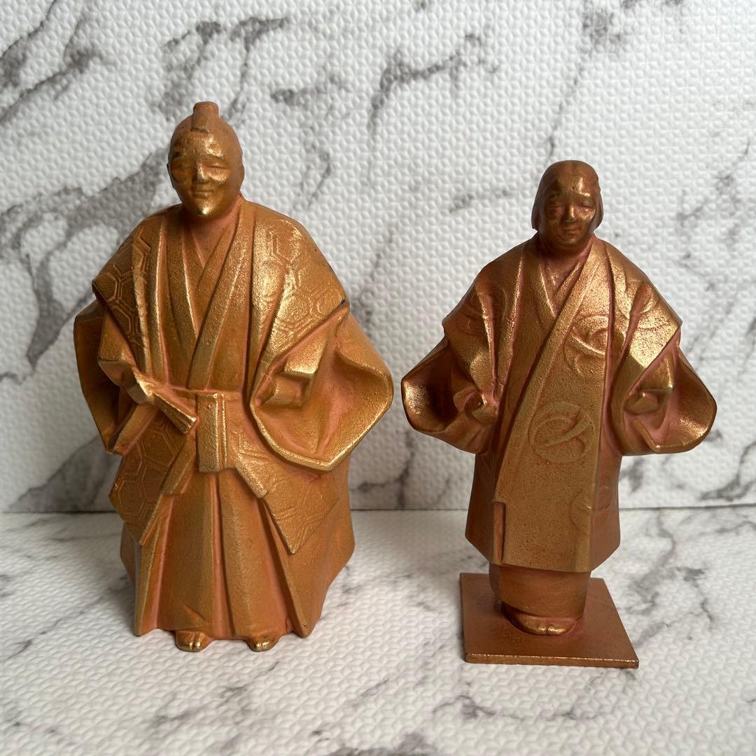 【昭和中期 当時物】焼物夫婦像 一対｜金彩 着物人物像｜刻印あり 昭和レトロ置物